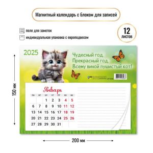 Календарь на магните с блоком для записей 2025 200х150мм 8586 «Кот»