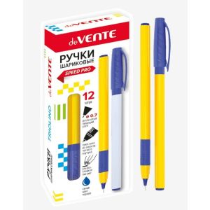 Ручка на масляной основе «deVENTE. Triolino Sun» 5073841 синяя, игольчатый пишущий узел 0,7мм, ультра гладкое письмо, жёлтый трехгранный корпус с каучуковым держателем, сменный стержень