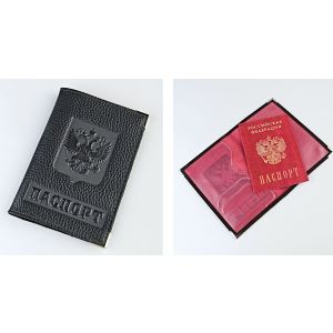 Обложка для паспорта мет. уголки герб/нат. кожа А-111 Черный флотер