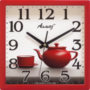 Часы настенные Алмаз квадрат 28,5см K07 красный корпус, чашка с чайником красные